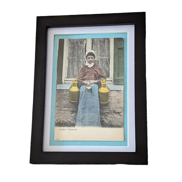 Small Art Flemish Milkmaid Vintage Post Card Framed Matted Bonnet 1920's Cans - Picture 1 of 6